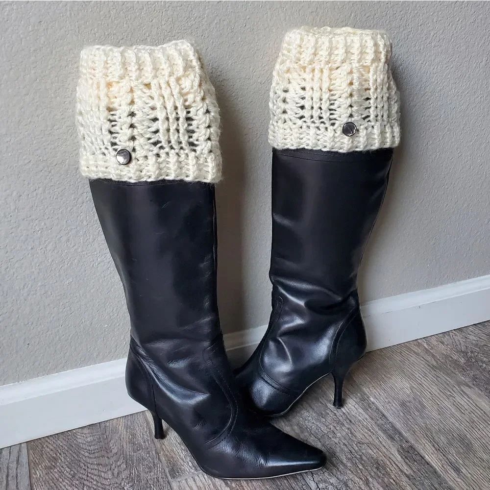 Hand Crafted Chunky Knit Crochet Cream Colored Boot Cuffs and Headwrap Set
